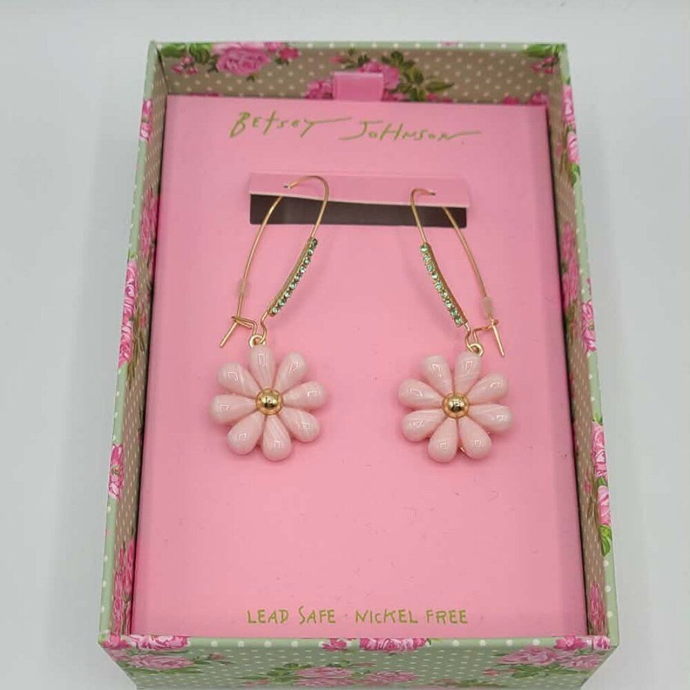 Betsey Johnson Gold Tone Shepherd Hook Earrings with Pink Flowers NWT!